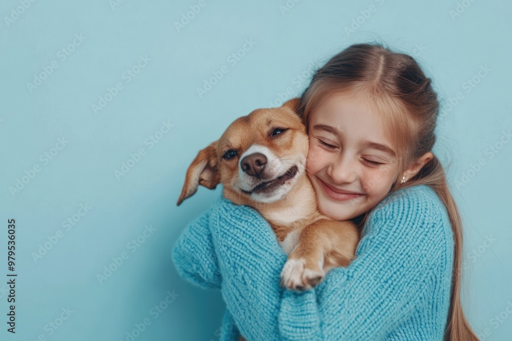 Content girl cuddles small dog with eyes closed, serene.