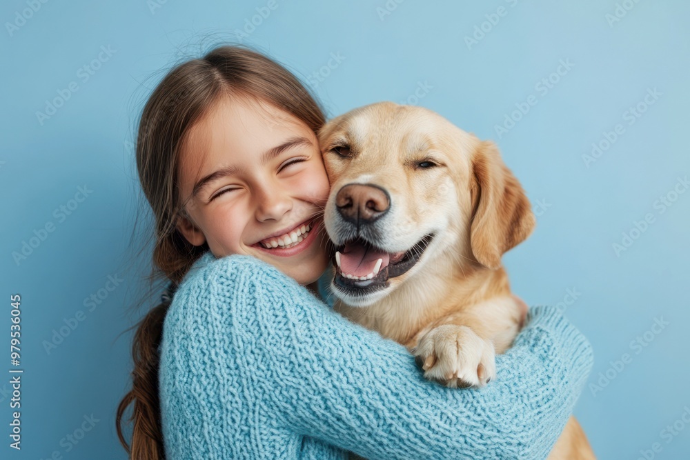 Laughing girl hugs golden dog, joyful connection scene. Laughing girl hugs golden dog, joyful connection scene.