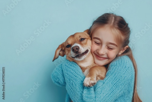 Obraz na płótnie Content girl cuddles small dog with eyes closed, serene. w salonie