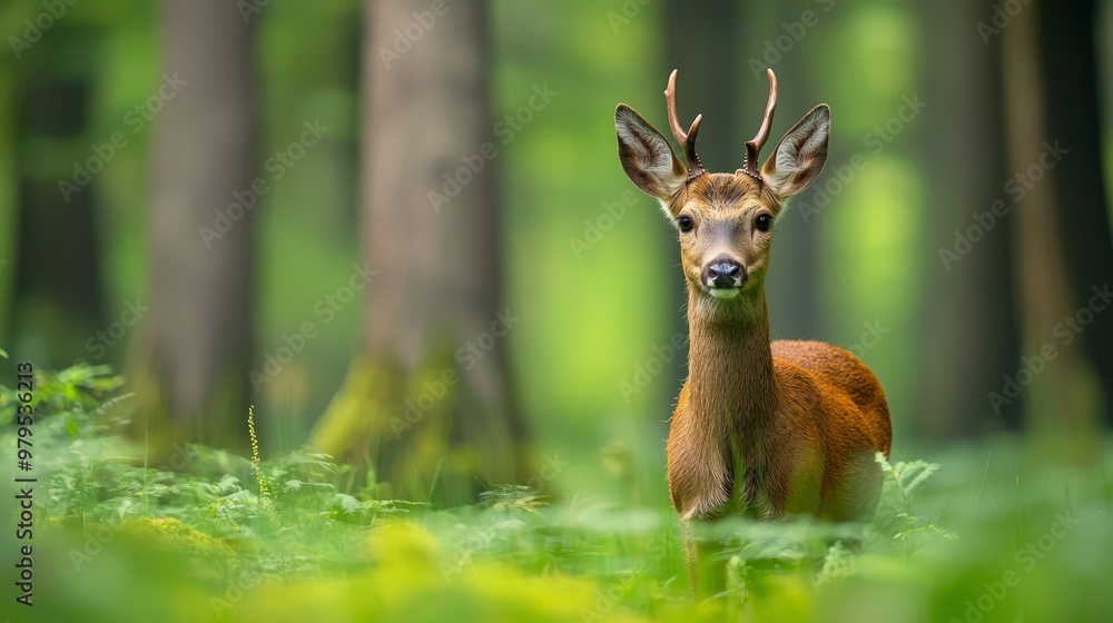 A deer posed in a forest, surrounded by tall grass and near foreground trees, while the background softly blurred A deer posed in a forest, surrounded by tall grass and near foreground trees, while the background softly blurred