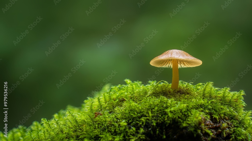 A small, yellow mushroom atop a moss-covered tree stump amidst a forest backdrop teeming with trees A small, yellow mushroom atop a moss-covered tree stump amidst a forest backdrop teeming with trees