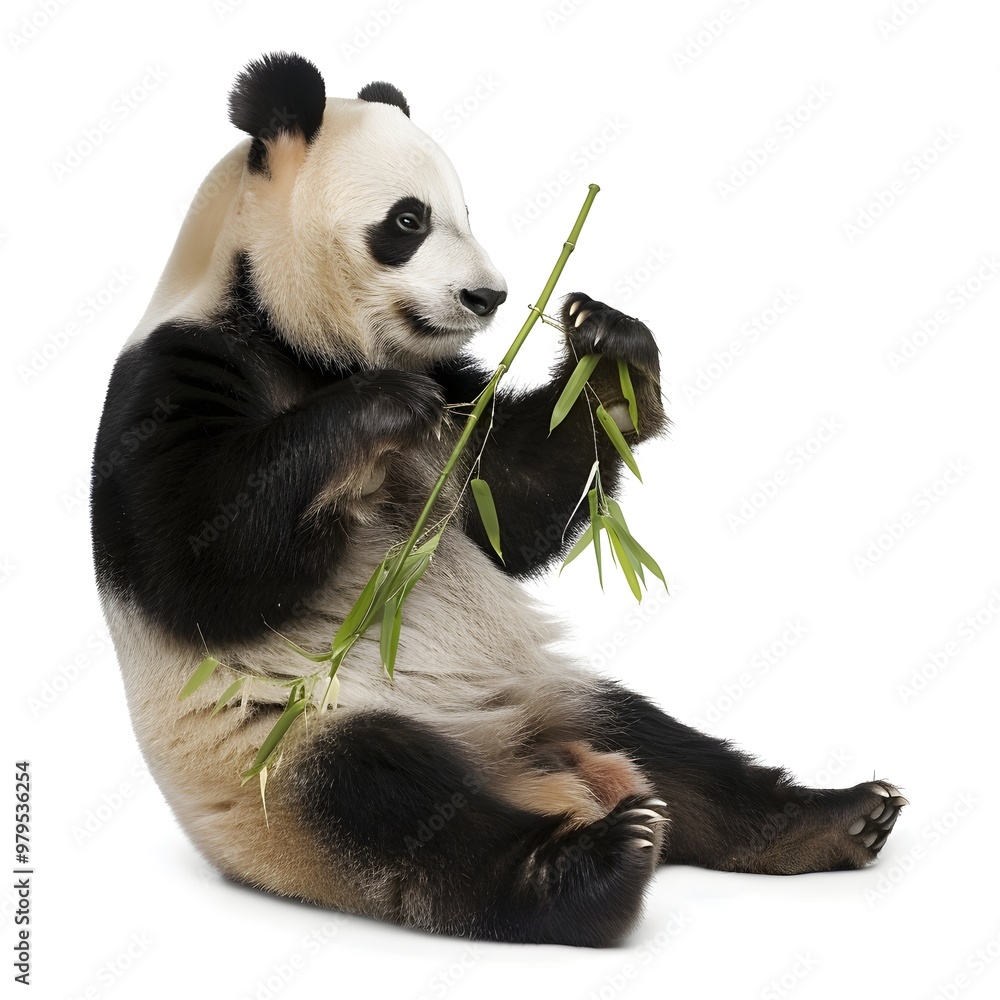 Naklejka premium Panda Sitting on Its Haunches, Eating a Bamboo Stalk with Intense Focus, Fur Texture Visible