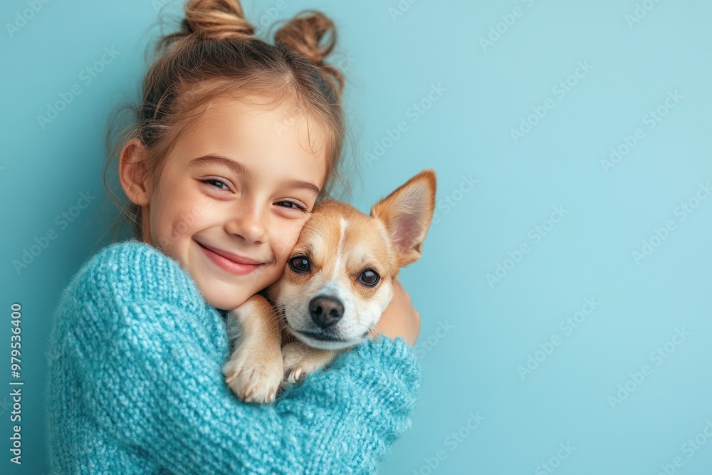 Cute girl hugging small dog with a playful look