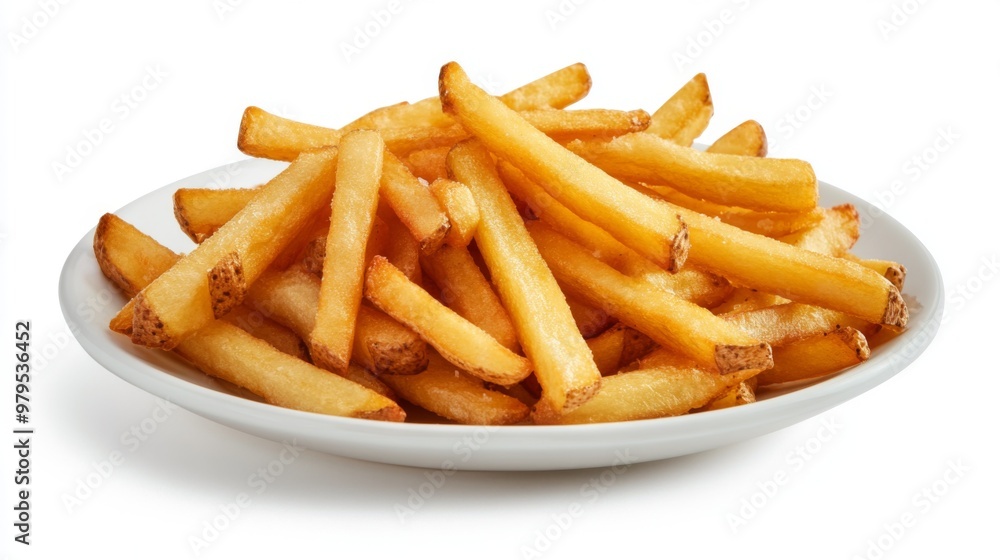 A stack of French fries with a crispy exterior and fluffy interior, arranged on a white plate to highlight their texture and appetizing appearance. A stack of French fries with a crispy exterior and fluffy interior, arranged on a white plate to highlight their texture and appetizing appearance.