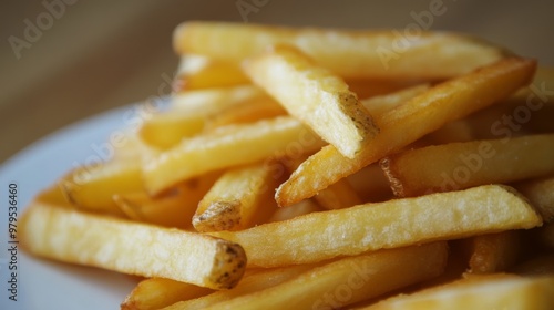 A stack of French fries with a crispy exterior and fluffy interior, arranged on a white plate to highlight their texture and appetizing appearance.