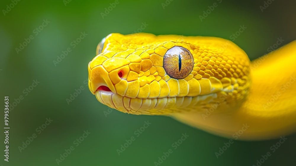 Fototapeta premium A tight shot of a yellow snake's head, eyes fully dilated, amidst a hazy backdrop