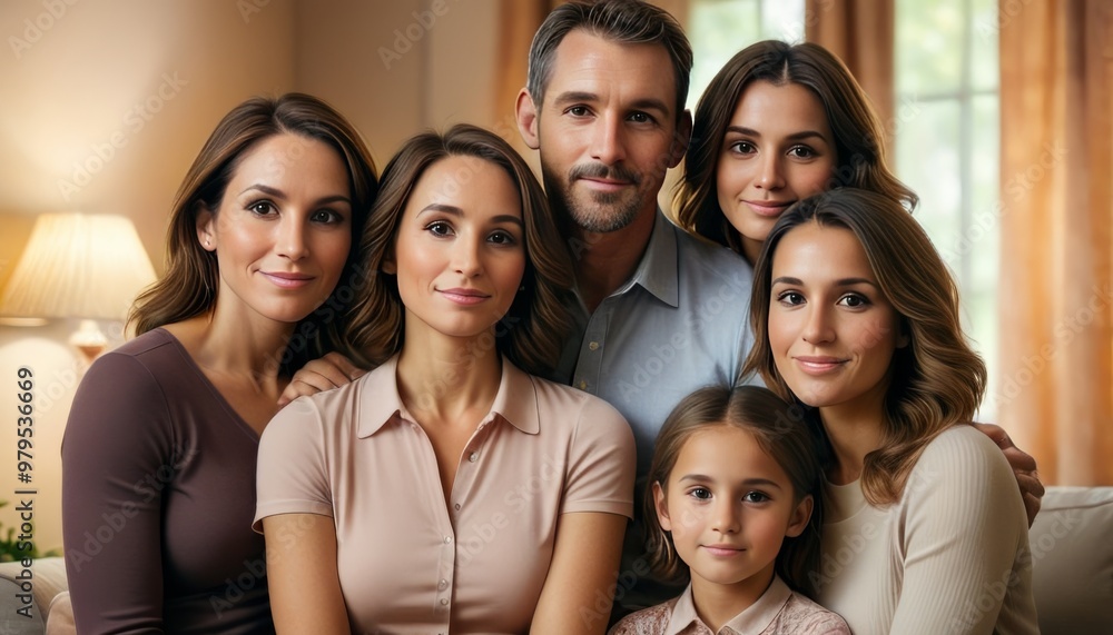 Obraz premium A happy family of six poses together in a cozy living room, showcasing their close bonds and smiling faces. The warm and inviting atmosphere is perfect for highlighting family togetherness and love