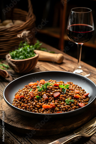 Plate of lentils with chorizo photo