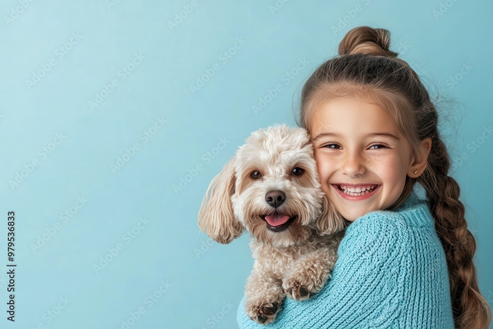 Smiling girl with fluffy dog in blue backdrop. Smiling girl with fluffy dog in blue backdrop.