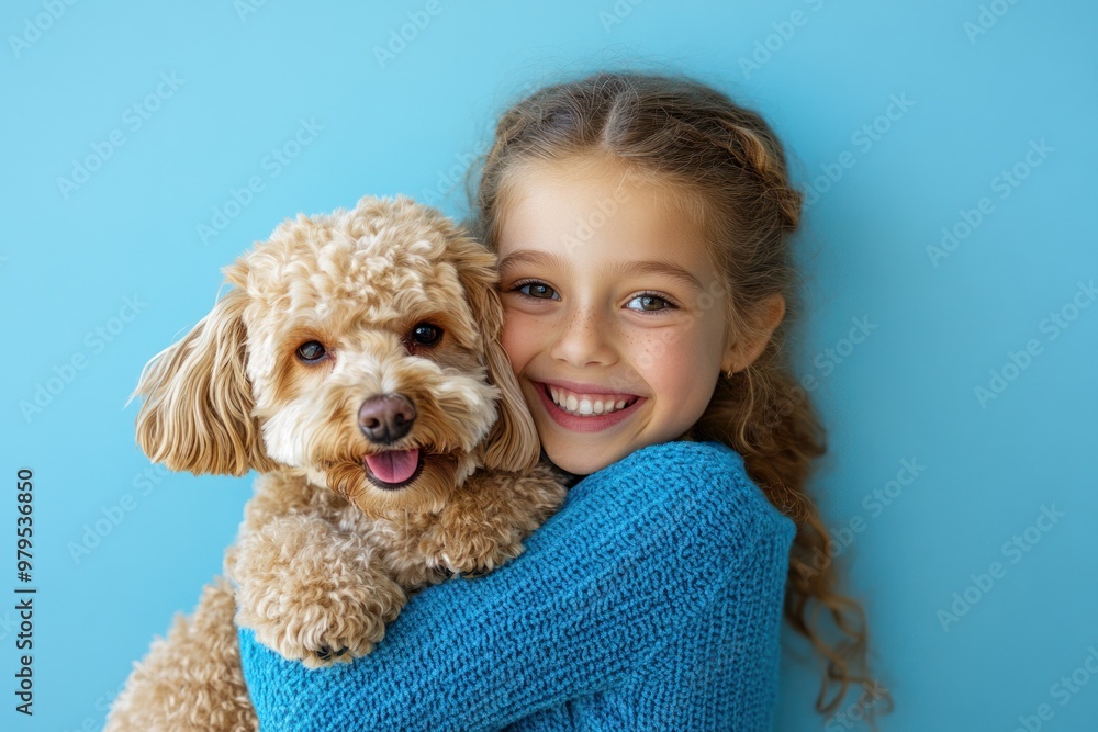 Smiling girl holds fluffy poodle mix puppy. Smiling girl holds fluffy poodle mix puppy.