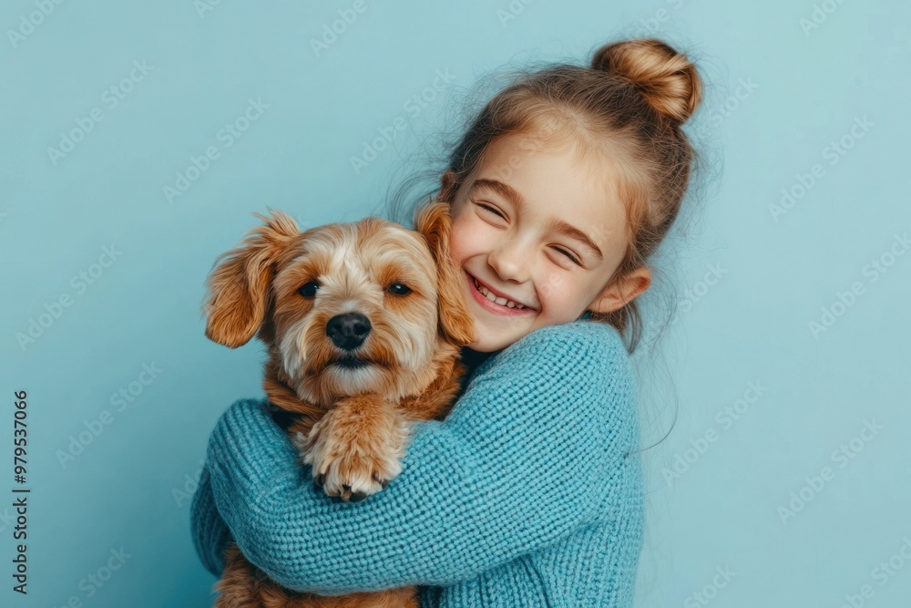 Cheerful girl cuddles small companion in blue hue. Cheerful girl cuddles small companion in blue hue.