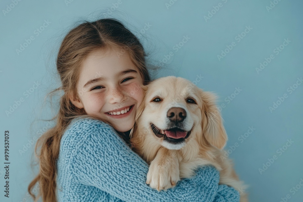 Content girl with golden pup enjoys serene embrace. Content girl with golden pup enjoys serene embrace.