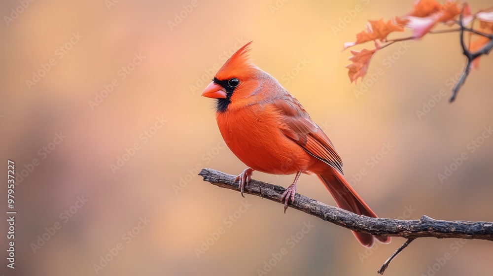  A red bird perched on a branch, beside another lush with leaves, against a blurred background