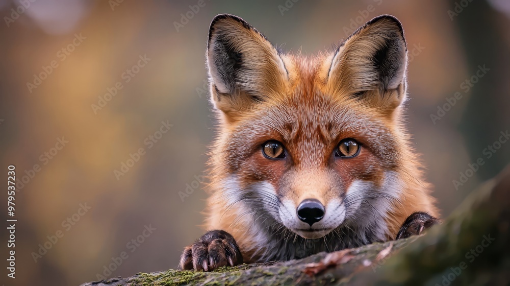 A fox's face, closely framed, atop a tree branch against wooded backdrop - background softly blurred A fox's face, closely framed, atop a tree branch against wooded backdrop - background softly blurred