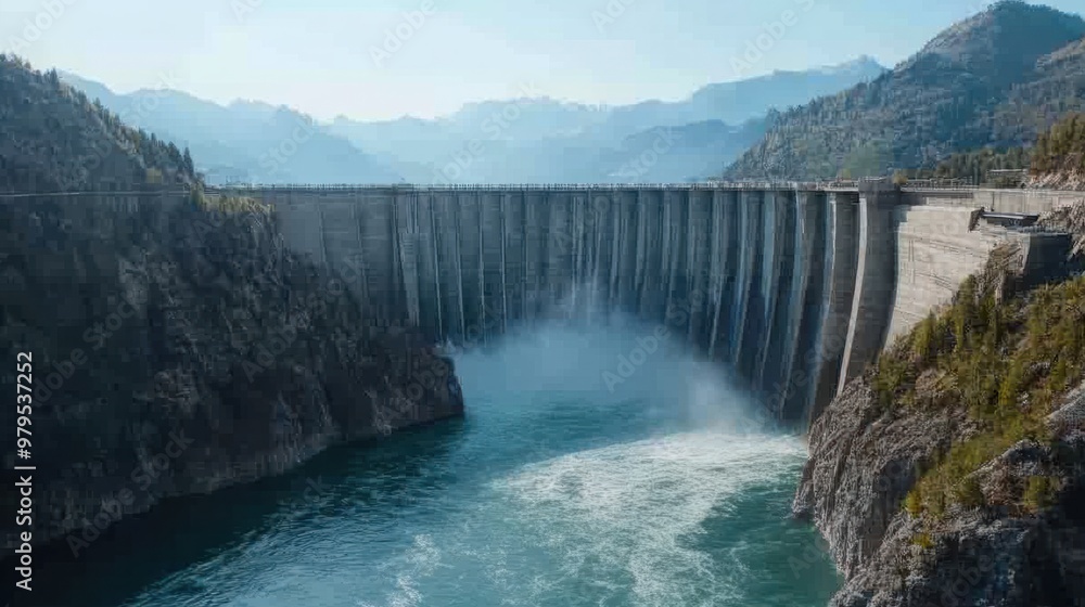 A massive hydroelectric dam spanning a deep canyon, with water cascading down its concrete face under a clear sky. A massive hydroelectric dam spanning a deep canyon, with water cascading down its concrete face under a clear sky.