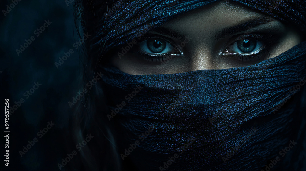 A woman with blue eyes is wearing a blue scarf. The scarf is wrapped around her face, covering her eyes. The image has a mysterious and intriguing mood, as the woman's eyes are hidden from view A woman with blue eyes is wearing a blue scarf. The scarf is wrapped around her face, covering her eyes. The image has a mysterious and intriguing mood, as the woman's eyes are hidden from view