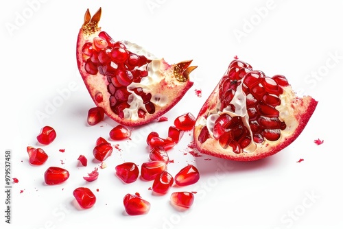 Close up macro photography of peeled pomegranate fruit with scattered seeds on white background