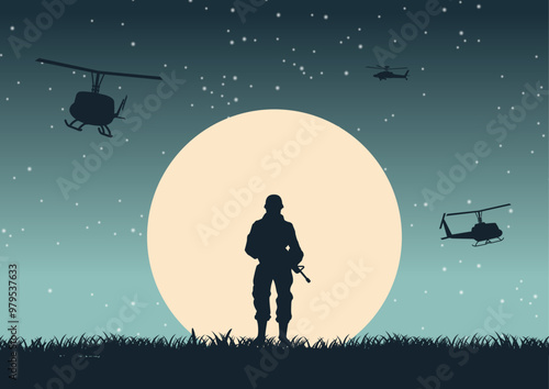 Night of war in situation of soldier standing and hold gun to defend army base and aircrafts fly above,vector illustration
