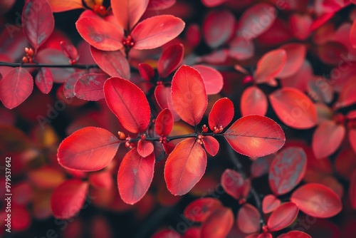 Close up of red leaved barberry branch with autumn background photo