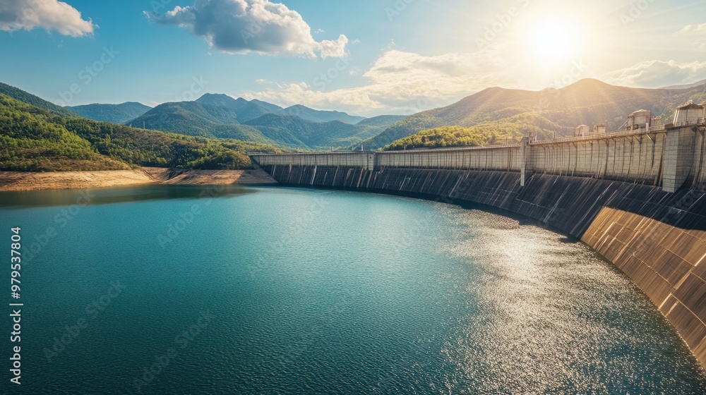 Fototapeta premium A panoramic view of a hydroelectric dam reservoir, with mountains rising in the distance and the water shimmering in the sunlight.