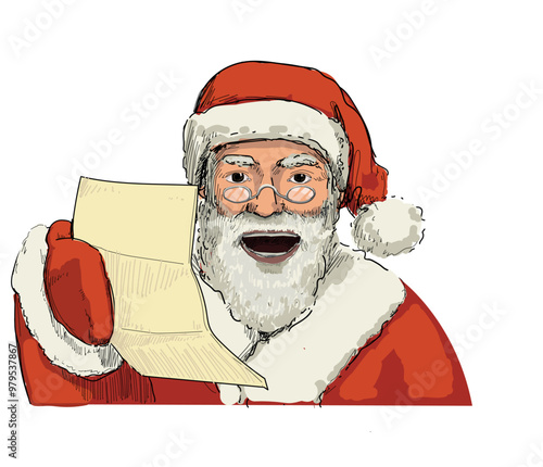 santa claus smiling holding list of good kids christmas presents time winter holidays symbol isolated on white background