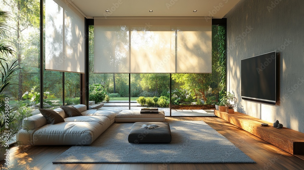 Fototapeta premium A stylish wall-mounted television in a minimalist living room