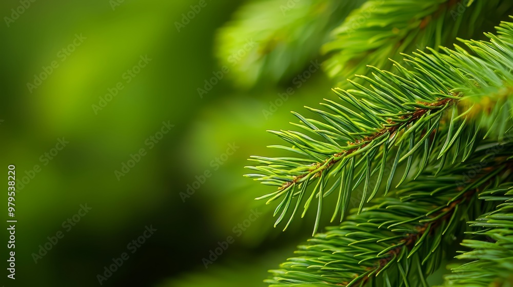 A tight shot of pine tree needles against a hazy backdrop of green foliage A tight shot of pine tree needles against a hazy backdrop of green foliage