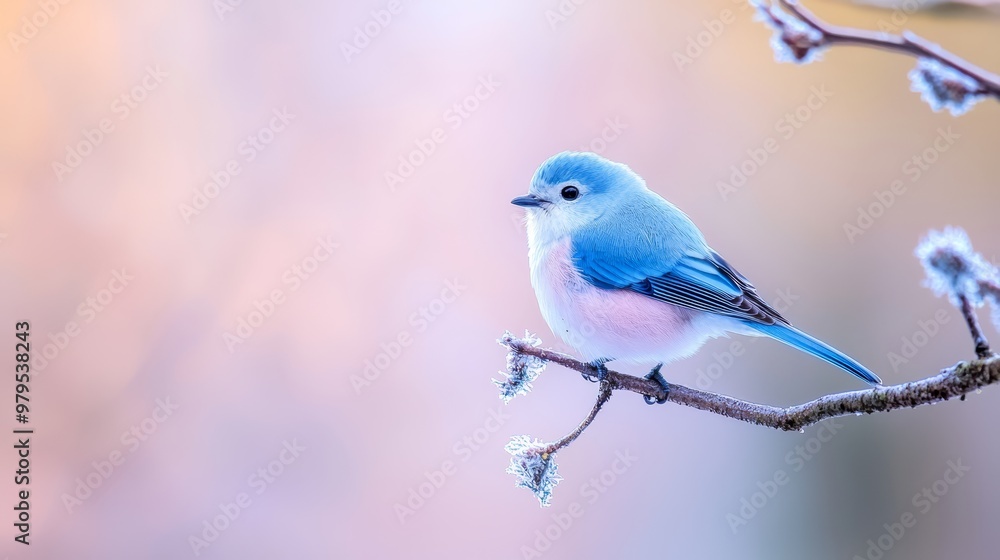 A small blue and white bird perches on a snow-laden tree branch against a softly blurred backdrop A small blue and white bird perches on a snow-laden tree branch against a softly blurred backdrop