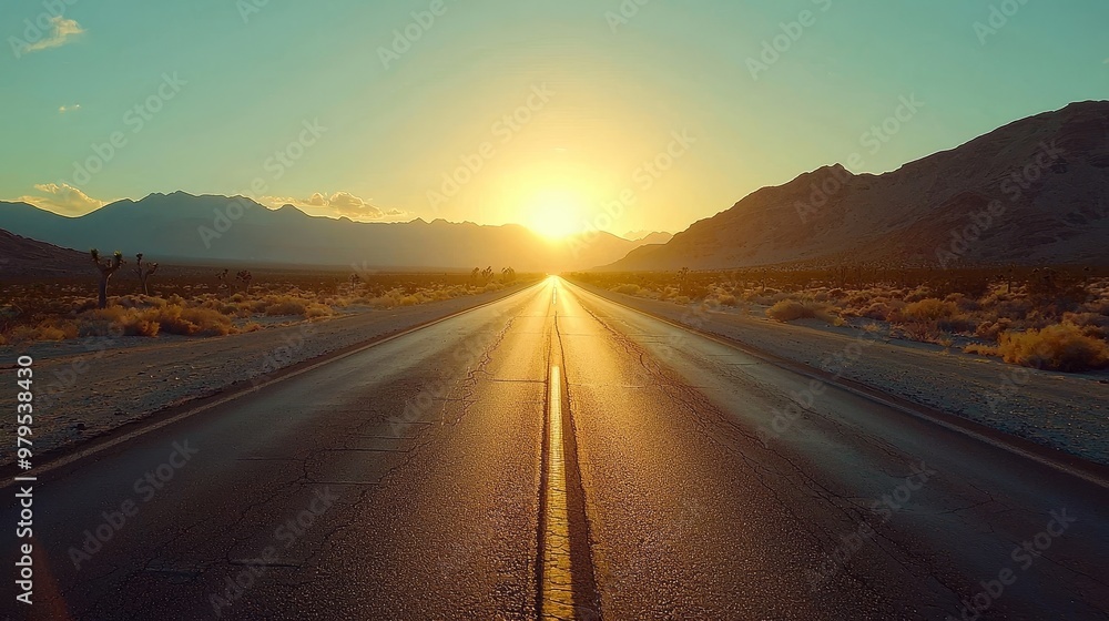 Fototapeta premium A Serene Desert Road Leading Towards a Vibrant Sunset with Majestic Mountains in the Background Creates a Stunning Scene of Peace.
