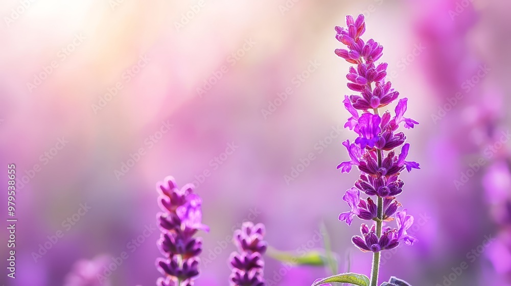 A tight shot of a purple flower against a softly blurred backdrop of similar flowers A tight shot of a purple flower against a softly blurred backdrop of similar flowers