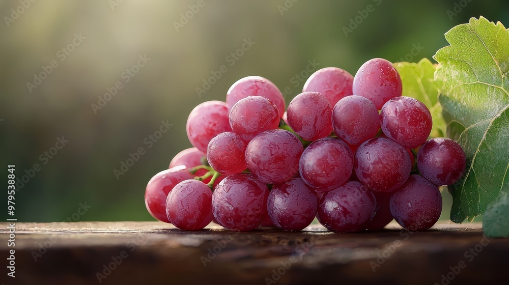 Red grapes sit atop a wooden table, adjacent to a leafy green plant Red grapes sit atop a wooden table, adjacent to a leafy green plant