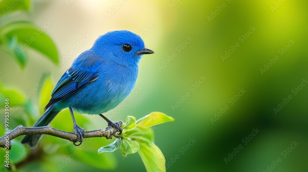 A small blue bird perches on a tree branch, surrounded by foreground leaves Background softly blurred A small blue bird perches on a tree branch, surrounded by foreground leaves Background softly blurred