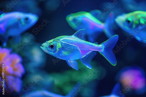 Genetically modified glowing fish in tank photo