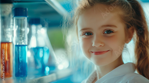 Cute girl in safety glasses with chemicals in test tubes in laboratory. Concepts. Classroom learning and science experiments and research.