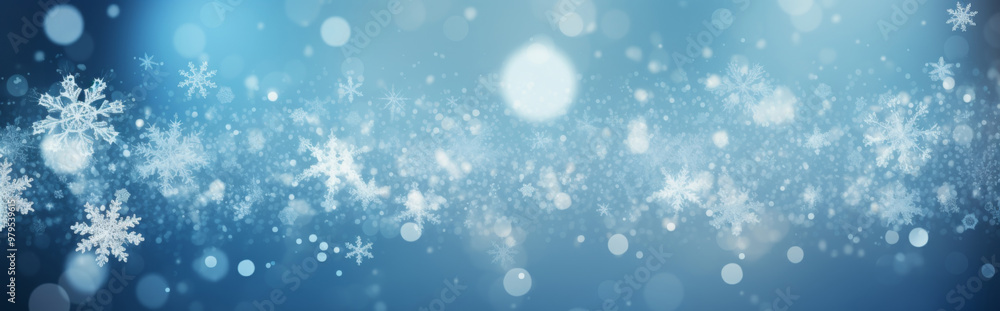 Snowflakes and bokeh lights creating a winter holiday banner background Snowflakes and bokeh lights creating a winter holiday banner background