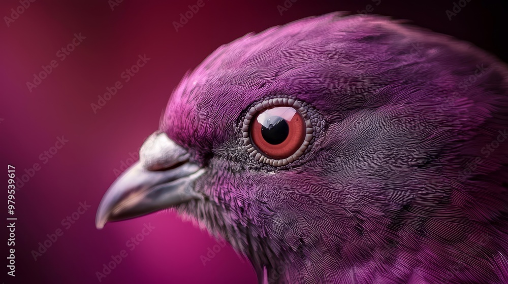 A tight shot of a purple bird featuring an eyeball centrally located within its head against a pink backdrop A tight shot of a purple bird featuring an eyeball centrally located within its head against a pink backdrop