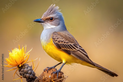 A bright yellow and gray juvenile western kingbird with orange crown perches on a desert twig, its black and white tail feathers fluttering in the wind. photo