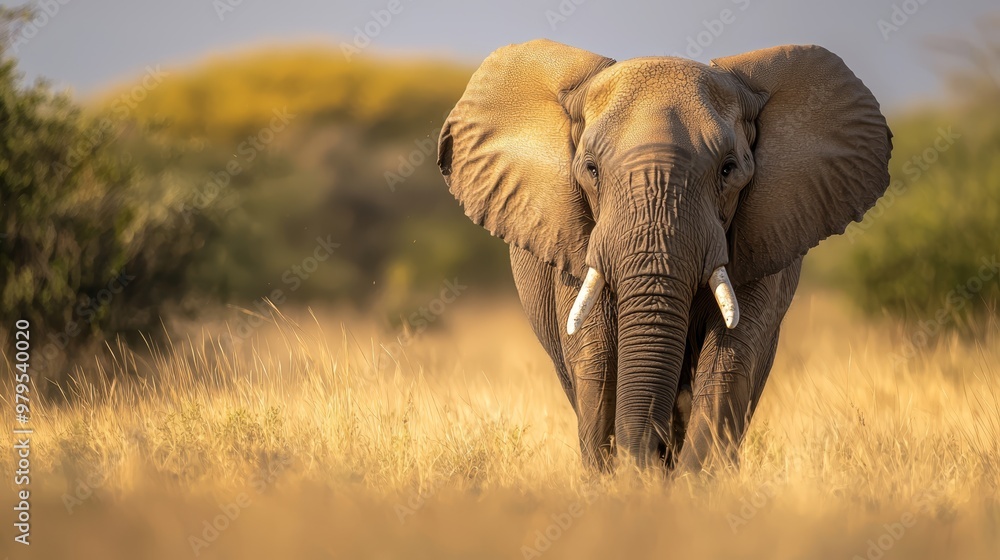 Fototapeta premium An elephant, bearing tusks, traverses a field of towering grasses and trees, dotted with bushes in the background