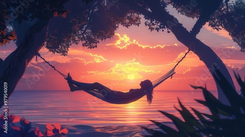 Artwork showing a person enjoying a peaceful nap in a hammock, Stay young, Healthy and happy photo