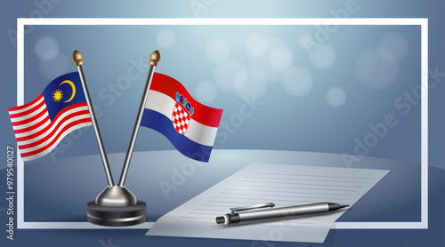 Malaysia and Croatia Small national flag on bokeh background, cooperative relationship