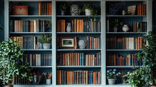 A well-organized bookshelf with decorative items