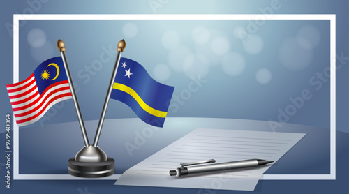 Malaysia and Curacao Small national flag on bokeh background, cooperative relationship