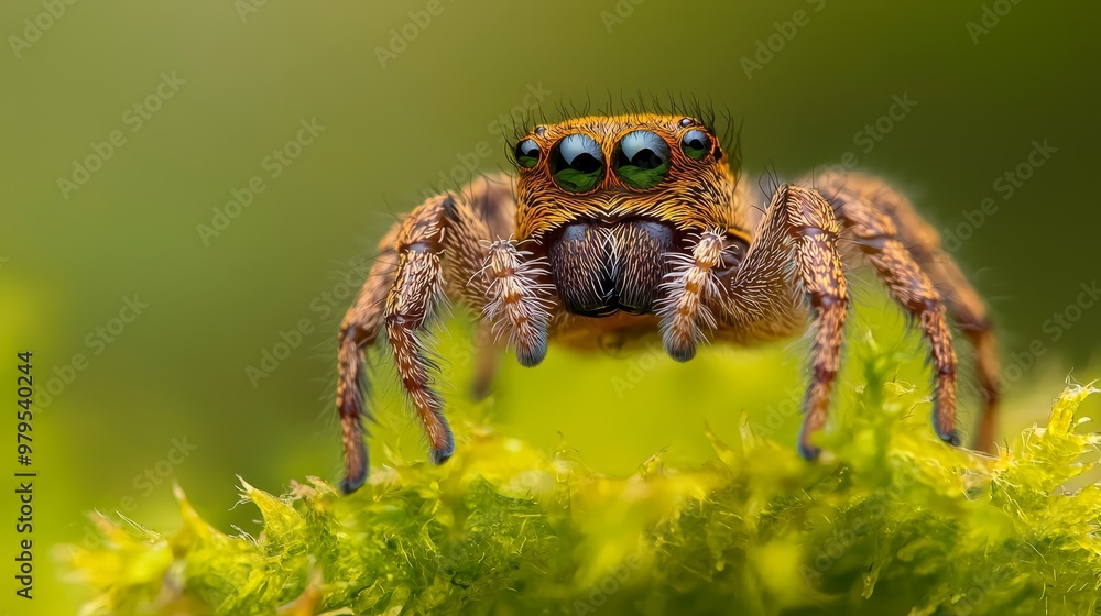 A tight shot of a jumping spider atop a verdant leaf, its focused eyes contrasting against the indistinct, background A tight shot of a jumping spider atop a verdant leaf, its focused eyes contrasting against the indistinct, background