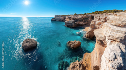 A scenic coastal view with clear blue sea, rocky cliffs, and a bright sunny sky. The sunlight reflects off the water creating a sparkling effect. Vegetation is visible on top of the cliffs.