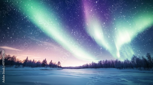 A stunning display of the Northern Lights (Aurora Borealis) over a snowy landscape, with vibrant green and purple hues dancing across a clear, starry sky.