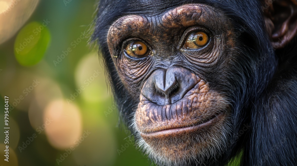 A monkey's face, closely framed, set against a softly blurred background of greenery Foreground features the faint outline of leaves, also gently blurred A monkey's face, closely framed, set against a softly blurred background of greenery Foreground features the faint outline of leaves, also gently blurred