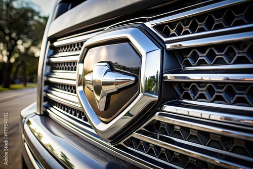 A chrome-plated emblem featuring a stylized shield with bold lettering and angular lines, adhered to the grille of a rugged, black pickup truck. photo