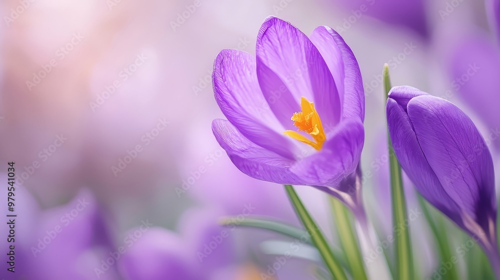 A tight shot of a purple flower with a yellow stamen at its core A tight shot of a purple flower with a yellow stamen at its core