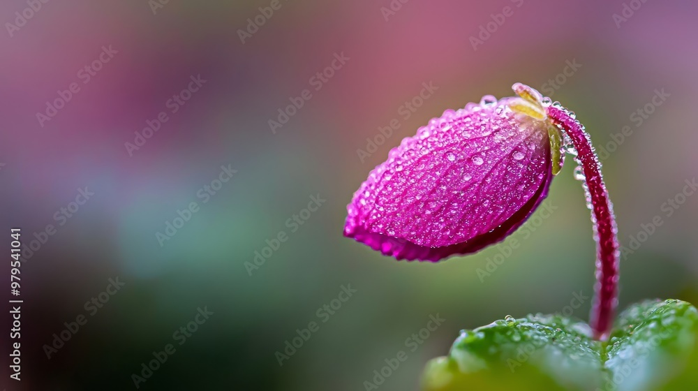A tight shot of a pink bloom dotted with water droplets, a verdant leaf positioned prominently in the foreground A tight shot of a pink bloom dotted with water droplets, a verdant leaf positioned prominently in the foreground