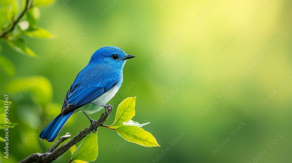 A bluebird atop a verdant branch, tree surrounded by a green background, softly blurred A bluebird atop a verdant branch, tree surrounded by a green background, softly blurred